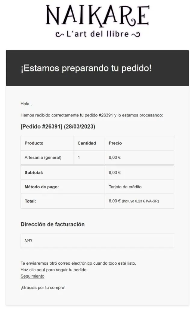 Previsualización del correo electrónico de WooCommerce